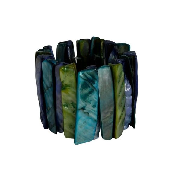 Lot Of 2 Vtg MOP Abalone Seashell Bracelet Silver-tone & Multicolor Dyed Stretch - Picture 5 of 7